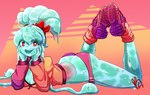 big_breasts breasts butt cleavage clothed clothing exposure_variation female green_body hair heart_eyes heart_symbol long_hair looking_at_viewer lying on_front red_eyes solo morbidlycutecrunch benni_(morbidlycutecrunch) goo_creature goo_humanoid humanoid absurd_res hi_res