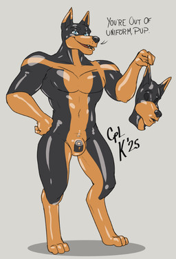 3_toes animal_mask anthro black_body black_nose blue_eyes broad_shoulders bulge clothing dialogue digitigrade dipstick_ears ear_markings fangs feet fingers fist glistening glistening_body gloves_(marking) grey_background hand_on_hip holding_mask latex latex_body latex_clothing latex_mask lock_symbol looking_at_viewer male markings mask multicolored_body multicolored_ears muscular muscular_anthro muscular_male nude nude_anthro nude_male null_bulge offering_to_viewer open_mouth paws pecs pupils shadow sharp_teeth simple_background slit_pupils smile solo standing talking_to_viewer tan_body tan_markings teeth text toes tongue two_tone_body cplk canid canine canis dobermann domestic_dog latex_creature mammal pinscher 2025 english_text hi_res signature