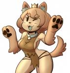 :3 anthro big_breasts big_butt bottomless breasts brown_body brown_fur brown_hair butt clothed clothing collar crown female fur hair headgear looking_at_viewer open_mouth pawpads paws princess royalty side_boob simple_background solo thick_thighs tongue white_background wide_hips anaugi towergirls dog_princess canid canine canis domestic_dog mammal digital_media_(artwork) hi_res