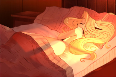 anthro bed bedding blanket blonde_hair female furniture hair long_hair lying nightstand nude on_bed on_side pillow sleeping solo tail siliciaart in_the_burrow allison_mccanidae canid canine canis coyote mammal 2026 digital_media_(artwork) hi_res warm_colors