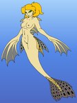 anthro blonde_hair blue_background breasts dorsal_fin female fin fin_hands genitals gradient_background green_eyes hair navel nipples pussy simple_background small_breasts solo split_form tan_body translucent skyhammer fish lionfish marine merfolk scorpaeniform