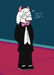 anthro black_tie_(suit) blush bodily_fluids bow_(feature) bow_in_front bow_tie clothed clothing dress_pants dress_shirt dress_shoes embarrassed eyes_closed eyewear fur glasses hands_behind_back horn male shirt solo speech_bubble suit sweat sweatdrop topwear white_body white_fur kamek_sans deltarune undertale_(series) ralsei bovid caprine darkner goat mammal 2021 absurd_res hi_res