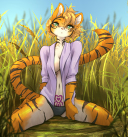 anthro biped breasts clothed clothed_anthro clothed_female clothing countershade_torso countershading female fingers front_view fur hair looking_at_viewer navel outside panties shirt sitting solo stripes tail topwear underwear tinygaypirate felid mammal pantherine tiger 2026 digital_drawing_(artwork) digital_media_(artwork) hi_res