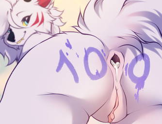 anthro anus blue_eyes bodily_fluids butt cheek_tuft cum cum_in_ass cum_inside cum_on_anus facial_tuft female fluffy fluffy_tail fur genital_fluids genitals hair happy humanoid_genitalia humanoid_vulva looking_at_viewer looking_back nude outside presenting presenting_anus presenting_cum_inside presenting_hindquarters presenting_vulva raised_tail simple_background smile solo tail text text_on_body tuft vulva white_body white_fur white_hair shyryp keiko_(shyryp) canid canine canis demon mammal succubus wolf digital_media_(artwork) hi_res