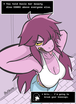anthro belt big_breasts bottomwear breasts brown_eyebrows clothing denim denim_bottomwear denim_clothing dialogue eyebrows eyelashes female freckled_breasts freckles glistening glistening_breasts hair hair_over_eye hand_behind_head jeans long_hair pants purple_body purple_hair sharp_teeth shirt snout solo standing tail tank_top teeth text tongue tongue_out topwear yellow_sclera yellow_teeth duskully deltarune undertale_(series) susie_(deltarune) dinosaur human humanoid mammal prehistoric_species reptile scalie absurd_res artist_name english_text hi_res