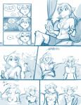 2017 abs anthro basitin blue_and_white breasts canid canine canis clothed clothing comic conditional_dnp dialogue duo english_text fangs featureless_breasts female fur hair keidran keith_keiser laugh male mammal mentioned_character monochrome natani open_mouth partially_clothed simple_background sketch teeth text tom_fischbach topless twokinds white_background wolf youngtani zen_(twokinds)