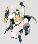 anthro armor boots bottomwear cape clothed clothing footwear gloves grey_background handwear looking_at_viewer male melee_weapon muscular muscular_anthro muscular_male nipples open_mouth pants shield shoes simple_background solo sword tongue tongue_out weapon purplebirdman chrono_trigger square_enix glenn_(chrono_trigger) amphibian frog