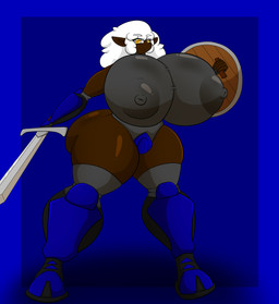 anthro armor big_breasts black_body bottomwear breasts clothing curvy_figure dark_body female hair huge_breasts looking_at_viewer medieval melee_weapon nipples shield shorts solo spandex spandex_shorts sword thick_thighs tight_bottomwear tight_clothing tight_shorts weapon white_hair wide_hips ultrazeta120 cotton_bell_(ultrazeta120) bovid caprine mammal sheep absurd_res hi_res
