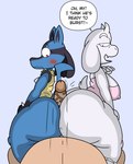 anthro big_butt blue_body blue_fur blush butt clothing dialogue dominant dominant_female duo erect_nipples erection erection_under_clothing female fur genitals hot_dogging huge_butt male male/female nipples penis sex speech_bubble spikes text white_body white_fur hashidoodle nintendo pokemon undertale_(series) toriel bovid caprine generation_4_pokemon goat lucario mammal pokemon_(species) absurd_res english_text hi_res