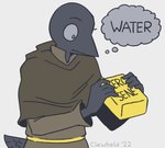 anthro beak belt biped black_text blue_eyes bottle brown_body container feathers grey_body grey_feathers grey_sclera holding_bottle holding_container holding_object kerosene male misunderstanding simple_background solo tail tail_feathers text thought_bubble white_background yellow_belt clawheld cianan avian bird corvid jackdaw oscine passerine 2022 artist_name dated english_text handwritten_text