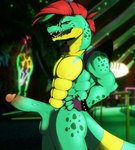 abs alligator alligatorid anthro balls biceps big_muscles big_penis butt crocodilian digital_media_(artwork) erection eyewear five_nights_at_freddy's five_nights_at_freddy's:_security_breach genitals green_body hair hi_res humanoid_genitalia humanoid_penis looking_at_viewer male montgomery_gator muscular muscular_anthro muscular_male nipples nude open_mouth pecs penis red_eyes red_hair reptile scalie scottgames simple_background smile solo steel_wool_studios teeth tongue triceps vein wide_hips xintro