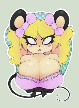3d_mousepad angry anthro big_breasts boob_mousepad breasts cleavage clothed clothing dress dwarfism female huge_breasts mousepad_design pigtails pupils ribbons slightly_chubby slit_pupils solo tail thin_tail smokyjai tiffy_cheesecake mammal mouse murid murine rodent