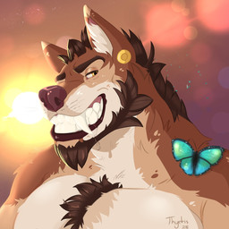 anthro beard black_nose blurred_background bodily_fluids brown_body brown_fur brown_hair chest_tuft drooling ear_piercing ear_tuft eyebrows facial_hair fangs fur grin hair looking_at_viewer male multicolored_body multicolored_fur muscular muscular_anthro muscular_male pecs piercing saliva smile solo sun teeth tuft whiskers yellow_eyes sorcerer_salem tobias_(thydris) arthropod butterfly canid canine canis insect lepidopteran mammal wolf 1:1 2018 bust_portrait hi_res icon portrait signature