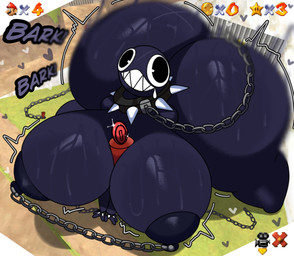 areola ass_up barking big_breasts big_butt black_areola black_body black_collar black_eyes black_nipples bodily_fluids breasts butt chain chained_collar collar cuff_(restraint) drooling exclamation_point female gameplay_mechanics grass heart_symbol high-angle_view huge_breasts huge_butt hyper hyper_breasts hyper_butt motion_lines nipple_piercing nipples outside piercing plant red_coin restraints saliva sharp_teeth smile solo spiked_collar spikes star_(mario_bros) sweat teeth thick_thighs three-quarter_view twerking alexdraws mario_bros nintendo super_mario_64 gigi_(thecoatl034) chain_chomp humanoid 2026 digital_media_(artwork) hi_res