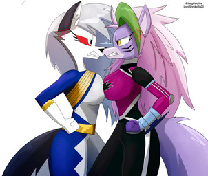 angry anthro big_breasts black_bodysuit black_clothing black_skinsuit blue_bodysuit blue_clothing blue_skinsuit bodysuit breast_size_difference breast_squish breasts breasts_frottage clenched_teeth clothing cosplay cross-popping_vein crossover_cosplay duo ear_piercing eye_contact female female/female fist fur green_highlights grey_hair hair highlights_(coloring) lipstick long_hair looking_at_another makeup multicolored_bodysuit multicolored_clothing multicolored_skinsuit piercing pink_hair purple_body purple_bodysuit purple_clothing purple_fur purple_lipstick purple_skinsuit red_sclera side_view simple_background skinsuit squish tail teeth text tight_clothing twitter_handle two_tone_bodysuit two_tone_clothing two_tone_skinsuit white_background white_body white_bodysuit white_clothing white_eyes white_fur white_skinsuit yellow_eyes thegiftedfire five_nights_at_freddy's five_nights_at_freddy's:_security_breach hellaverse helluva_boss hyakujuu_sentai_gaoranger juken_sentai_gekiranger mythology power_rangers power_rangers_jungle_fury power_rangers_wild_force scottgames steel_wool_studios super_sentai loona_(helluva_boss) roxanne_wolf canid canid_demon canine canis demon hellhound mammal mythological_canine mythological_creature wolf 2026 artist_name crossover hi_res portrait three-quarter_portrait