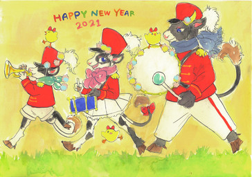 accessory anthro blue_eyes bottomwear bow_(feature) bow_accessory bow_ribbon clothed clothing female fur furgonomics group hair hat headgear headwear holidays hooves horn male musical_instrument percussion_instrument ribbons scarf smile tail tail_accessory tail_bow tail_ribbon text trio wind_instrument kyokyota new_year bovid bovine cattle dairy_cattle holstein_friesian_cattle mammal 2021 english_text hi_res traditional_media_(artwork)