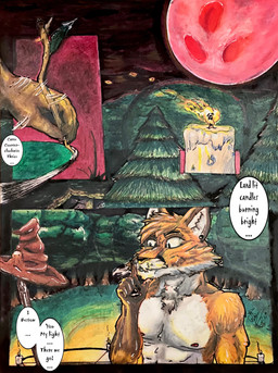 anthro broom broom_riding candle cleaning_tool clothing full_moon fur hat headgear headwear light magic magic_circle magic_user male male/male moon moonlight nipples orange_body orange_fur outside solo text witch_hat stretchy_foxglove fable_foxglove canid canine fox mammal absurd_res comic english_text hi_res