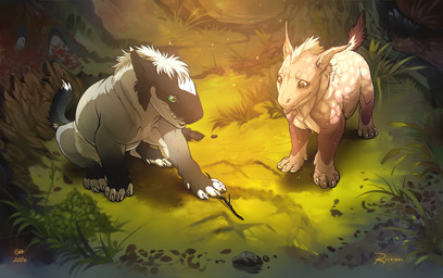 4_toes ambiguous_gender black_tail brown_tail claws countershade_fur countershade_torso countershading day detailed_background duo feet feral fur glistening glistening_eyes grass green_eyes grey_body grey_fur inner_ear_fluff markings nature nature_background open_mouth outside plant quadruped sharp_teeth spots spotted_body spotted_fur standing tail tan_body tan_fur teeth toe_claws toes tongue tongue_out tree tuft two_tone_tail white_body white_countershading white_fur white_tail year yellow_eyes grypwolf riskikoi vayron 2016 dated digital_drawing_(artwork) digital_media_(artwork) shaded signature