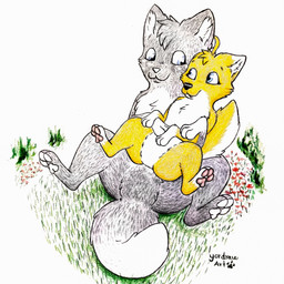 3_toes bent_legs duo featureless_crotch feet female feral flower fur grass male male/female null on_lap pawpads paws plant sitting sitting_on_ground sitting_on_lap smile smiling_at_another smiling_at_each_other spread_legs spreading toes yordraw canid canine fox mammal 1:1 absurd_res hi_res