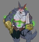 anthro belt big_muscles big_pecs big_teeth bottomwear bulge clothing fangs fur glowing glowing_markings grey_body grey_fur long_ears looking_at_viewer male markings muscular muscular_anthro muscular_male nipples pecs red_eyes scar shorts simple_background solo teeth thick_arms torn_clothing tusks mafekoba league_of_legends mythology riot_games tencent warwick_(lol) canid canine canis mammal mythological_canine mythological_creature werecanid werecanine werecreature werewolf wolf 2021 colored colored_sketch sketch