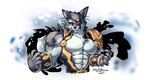 abs anthro biceps clothing countershading eye_patch eyewear fur male multicolored_body multicolored_fur muscular muscular_anthro muscular_arms muscular_male pecs scar simple_background solo cygni wolfmalro mammal 2020 digital_media_(artwork) hi_res