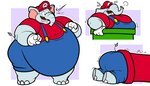 anthro belly big_belly blush bodily_fluids butt clothing facial_hair male moobs mustache overalls overweight overweight_male proboscis_(anatomy) solo stuck stuck_in_pipe sweat tail trunk trunk_(anatomy) floofyboyetime mario_bros nintendo super_mario_bros_wonder elephant_mario mario elephant elephantid mammal proboscidean 2023 hi_res