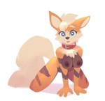 all_fours anthro anthrofied areola black_areola black_nipples blep blonde_hair blue_eyes breasts collar collar_only female fluffy fluffy_tail fur hair heart_eyes heart_symbol looking_at_viewer neck_tuft nipples nude orange_body orange_fur pokemorph simple_background smile solo tail tongue tongue_out tuft white_background b-epon nintendo pokemon arcanine canid generation_1_pokemon mammal pokemon_(species) 2023