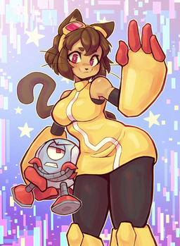 4_fingers anthro breasts brown_body brown_hair clothing duo eyebrows eyelashes eyewear eyewear_on_head female fingers goggles goggles_on_head hair machine magenta_eyes male smile whiskers yellow_sclera troolou gameoverse glitch_productions kaboodle_(gameoverse) kit_bodega domestic_cat felid feline felis mammal robot 2026 hi_res