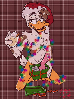 4_fingers anatomically_correct anatomically_correct_genitalia anatomically_correct_penis anthro beak biped box brown_body brown_feathers brown_markings christmas_clothing christmas_decorations christmas_headwear christmas_lights cinnamon_(spice) clothing container dairy_products dick_in_a_box eggnog erection feather_hands feathers feet fingers food genitals gift_box hat headgear headwear holding_box holding_container holding_glass holding_object holidays inviting kneeling lidded_eyes looking_at_viewer male markings membrane_(anatomy) nipples non-mammal_nipples open_beak open_mouth orange_body orange_skin pattern_background penis pink_penis plaid plaid_background plantigrade presenting presenting_penis santa_hat scut_tail short_tail simple_background slim_male smile smiling_at_viewer smirk smirking_at_viewer solo spiral_penis tail toes webbed_feet whipped_cream white_body white_feathers littlestfuzz christmas modjo anatid anseriform avian bird duck 2025 absurd_res digital_drawing_(artwork) digital_media_(artwork) hi_res