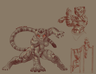 4_fingers abs anthro biceps big_butt breasts butt chest_wraps claws clothed clothing deltoids eyes_closed female fingers forearm_muscles fur glowing glowing_eyes long_tail looking_at_viewer muscular muscular_anthro muscular_female nude pull_up_bar quads red_eyes simple_background smile solo stretching striped_body stripes tail topwear triceps v-cut wraps yellow_sclera alytarch dreamworks kung_fu_panda master_tigress felid mammal pantherine tiger 2026 absurd_res digital_drawing_(artwork) digital_media_(artwork) hi_res signature