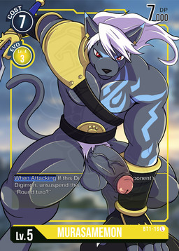 anthro armor balls biceps black_body black_fur card erection fur genitals greatsword hair long_hair male melee_weapon muscular muscular_anthro muscular_male pauldron pecs penis playing_card ponytail pubes red_eyes solo sword unconvincing_armor vein veiny_penis weapon white_hair gendomx bandai_namco digimon digimon_(species) felid mammal murasamemon pantherine hi_res