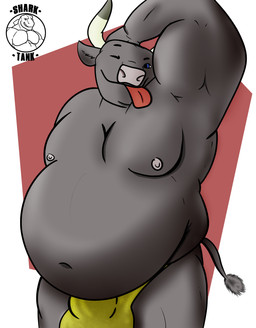 anthro belly belly_inflation belly_overhang biceps big_belly bulge inflation male musclegut muscular muscular_anthro muscular_male nipples one_eye_closed overweight overweight_anthro overweight_male solo tongue tongue_out triceps wink sharktank bovid bovine cattle mammal hi_res
