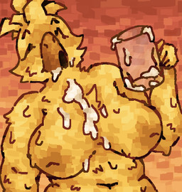 anthro beak belly big_belly bodily_fluids breasts chest_tuft container cum cum_in_a_cup cum_in_container cum_in_mouth cum_inside cum_on_breasts cum_on_chest cum_on_face cup drinking drinking_cum eyes_closed female genital_fluids glass glass_container glass_cup happy holding_container holding_object machine nipples open_mouth orange_beak orange_nipples presenting presenting_breasts raised_arm simple_background solo sweat tuft yellow_body scaliescum five_nights_at_freddy's scottgames chica_(fnaf) animatronic avian robot hi_res