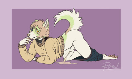 anthro ass_up biped bodily_fluids bottomwear bottomwear_down brown_hair clothed clothing collar facial_markings feet fur genital_fluids genitals hair half-erect head_markings heterochromia male markings multicolored_body multicolored_fur multicolored_tail nails neckwear on_knee pants pants_around_ankles pants_down partially_clothed pawpads paws peeing penis raised_tail solo sweater tail topwear urine urine_pool urine_stream watersports roreel amphibian canid canine canis domestic_dog frog hybrid mammal shiba_inu spitz digital_media_(artwork) hi_res widescreen