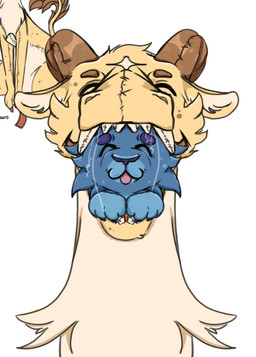 ambiguous_gender blep blue_body blue_fur bodily_fluids brown_horn duo eyes_closed front_view fur horn in_mouth long_neck oral_vore pink_tongue plushie saliva saliva_on_face saliva_string simple_background smile tongue tongue_out vore white_background white_body white_fur yellow_body yellow_fur lionfloof mythology milkshake_(lionfloof) animate_inanimate dragon felid living_plushie mammal mythological_creature mythological_scalie scalie hi_res