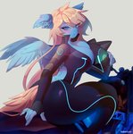 anthro big_breasts blonde_hair blue_body blush breasts cleavage clothed clothing female hair motorcycle simple_background sitting solo vehicle wings tanatlas hasbro my_little_pony mythology lusty_symphony equid equine mammal mythological_creature mythological_equine pegasus hi_res