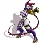 armor big_breasts boots breasts butt clothed clothing cosplay digitigrade digitigrade_heels female footwear heart_symbol high_heeled_boots high_heels horn humanoid_pointy_ears lips looking_at_viewer not_furry pointy_ears purple_body purple_clothing purple_lips shadow shoes simple_background skimpy solo unusual_heels whip white_background oniontrain warhammer_(franchise) chaos_daemon daemon_of_slaanesh daemonette_(warhammer) demon 1:1