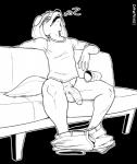 anthro balls biped bottomwear bottomwear_down clothed clothing container cup eyewear flaccid foreskin fur furniture genitals glasses hair male pants pants_down partially_clothed partially_retracted_foreskin penis shorts simple_background sitting sleeping sofa solo sound_effects spilled_drink spread_legs spreading underwear vein veiny_penis vowelless vowelless_sound_effect zzz dawmino puppysky bird_dog canid canine canis domestic_dog golden_retriever hunting_dog mammal retriever 2016 digital_drawing_(artwork) digital_media_(artwork) hi_res monochrome smaller_version_at_source