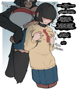big_breasts black_body black_fur black_hair blush bottomwear bra breasts clothed clothed_female clothed_human clothed_humanoid clothing dialogue duo female fur hair huge_breasts red_bra red_clothing red_underwear school_uniform skirt speech_bubble tail text underwear uniform thevarking hitomi_(thevarking) rana_ulfson animal_humanoid canid canid_humanoid canine canine_humanoid human humanoid mammal mammal_humanoid wolf_humanoid 2025 english_text hi_res