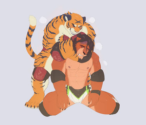 abs anthro asphyxiation barefoot bodily_fluids bottomwear chokehold choking clothing dominant drooling duo eye_roll feet fight grin headlock knee_pads male muscular saliva shorts sleeper_hold smile strangling sweat unconscious violence wrestling merfiller felid lion mammal pantherine tiger 2019 digital_media_(artwork)