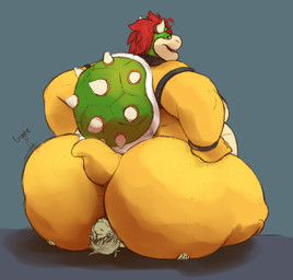 2_horns ambiguous_gender anthro belly big_belly big_butt black_bracelet blep bracelet butt duo facesitting green_shell hair hands_on_hips horn huge_butt jewelry looking_back male male/male male_anthro moobs musclegut muscular nude onomatopoeia open_mouth overweight overweight_anthro overweight_male red_hair shell sitting sitting_on_another sound_effects spiked_shell spikes spikes_(anatomy) teeth text thick_thighs tongue tongue_out wide_hips yellow_body croconut itzcharlie mario_bros nintendo analon_(character) bowser koopa scalie 2018 hi_res