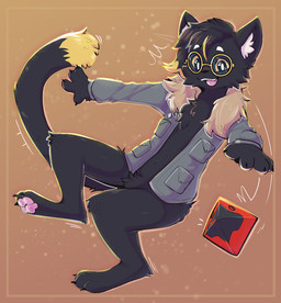 anthro biped black_body black_fur claws dipstick_tail eyebrows eyewear fur glasses inner_ear_fluff male markings open_mouth open_smile pawpads pink_pawpads smile solo tail tail_markings tuft thatoneirises knight_(knight) domestic_cat felid feline felis mammal hi_res