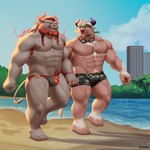 anthro barefoot beach beard braided_beard brown_body brown_fur clothing duo eyewear facial_hair feet fur goggles goggles_around_neck hair hand_holding male male/male muscular muscular_anthro muscular_male possession pubes red_hair seaside swimming_goggles swimming_trunks swimwear walking white_hair sooxand lifewonders tokyo_afterschool_summoners gyumao_(tas) lumus_king shennong_(tas) bovid bovine cattle mammal 1:1 2022 absurd_res hi_res