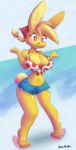 areola areola_slip bandanna big_breasts breasts bun_butts cleavage clothed clothing female fur hair headgear headwear hi_res kerchief lagomorph leporid mammal nipple_outline ponytail rabbit solo thick_thighs toony wide_hips yellow_body yellow_fur