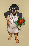 anthro apron black_body black_fur brown_body brown_eyes brown_fur clothing food fur looking_at_viewer male meat multicolored_body multicolored_fur sausage simple_background solo tail text text_on_apron text_on_clothing two_tone_body two_tone_fur dragonfu canid canine canis domestic_dog german_pinscher mammal pinscher 2023 hi_res