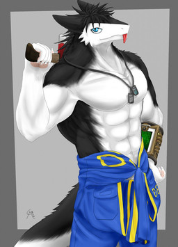 abs anthro athletic axe biceps big_muscles biped black_body black_fur black_hair blue_eyes bracelet claws clothed clothing dog_tags fur grey_background hair jewelry jumpsuit looking_at_viewer male melee_weapon muscular muscular_anthro muscular_male necklace pawpads paws pecs pip-boy pose science_fiction simple_background smile solo standing suit tail tongue tongue_out topless vault_suit weapon white_body white_fur carrymeow fallout microsoft discordnight mammal sergal hi_res