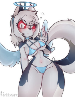 4_fingers accessory angel_costume anthro bikini bikini_bottom bikini_top breasts butt butt_from_the_front clothing costume eye_through_hair fake_halo fake_wings female fingers fluffy fluffy_tail fur grey_body grey_fur hair headband heart_symbol red_sclera ring_(jewelry) solo swimwear tail thigh_gap thumb_ring translucent translucent_hair triangle_bikini two-piece_swimsuit under_boob white_body white_eyes white_fur white_hair zenkkoart hellaverse helluva_boss mythology loona_(helluva_boss) canid canid_demon canine demon hellhound mammal mythological_canine mythological_creature colored