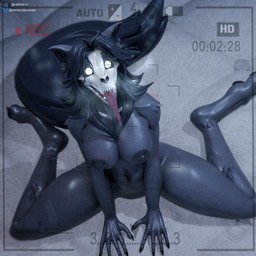 anthro areola athletic athletic_anthro athletic_female big_breasts black_areola black_body black_fur black_hair black_nipples breasts breath female fur genitals glowing glowing_eyes hair looking_at_viewer nipples nude nude_anthro nude_female one_eye_closed open_mouth sitting solo tail thick_thighs tongue tongue_out vulva wink winking_at_viewer samtrix da.nilkaz_(modeler) scp_foundation scp-1471-a scp-1471-a_(da.nilkaz) canid malo mammal 1:1 3d_(artwork) absurd_res digital_media_(artwork) hi_res