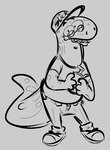 anthro braces clothing eyewear footwear glasses hat headgear headwear male mate_(beverage) shirt shoes sneakers solo tail tongue tongue_out topwear the-alfie-incorporated sebastian_(the-alfie-incorporated) amphibian salamander monochrome sketch