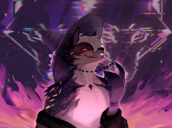 anthro bangs beads clothing eyes_on_body fire fur glitch glitch_background glowing glowing_eyes hat headgear headwear kemono male multi_tail multicolored_body multicolored_fur red_eyes saja_boys solo tail teeth paran0ya canid canine demon fox mammal digital_media_(artwork) digital_painting_(artwork) hi_res painting_(artwork)